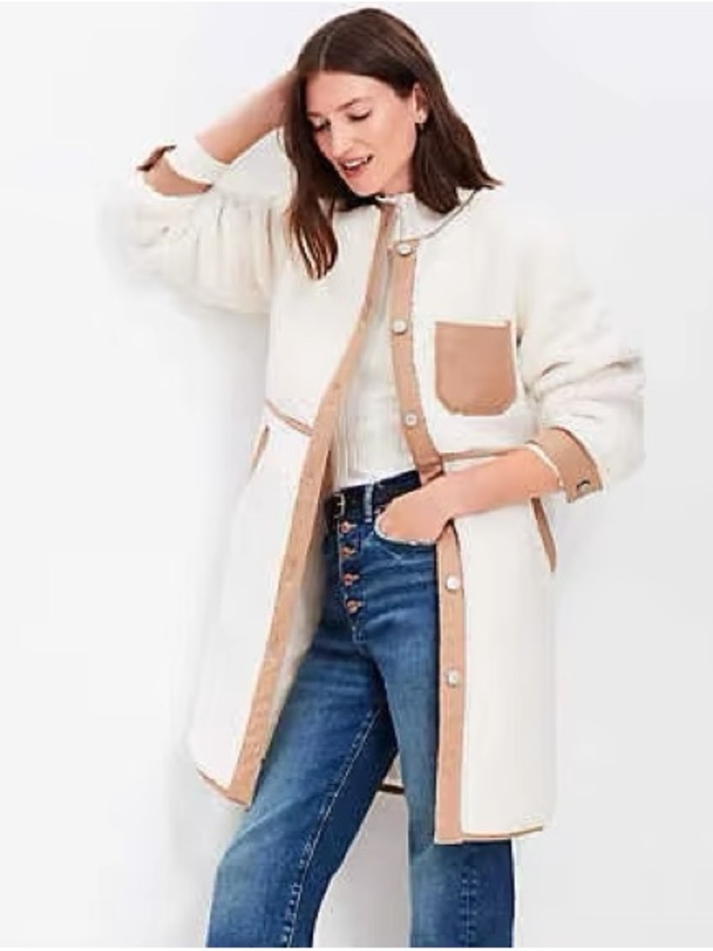 LOFT Sherpa Fleece Longline Coat with Tan Contrast Trim Snap Front NWT